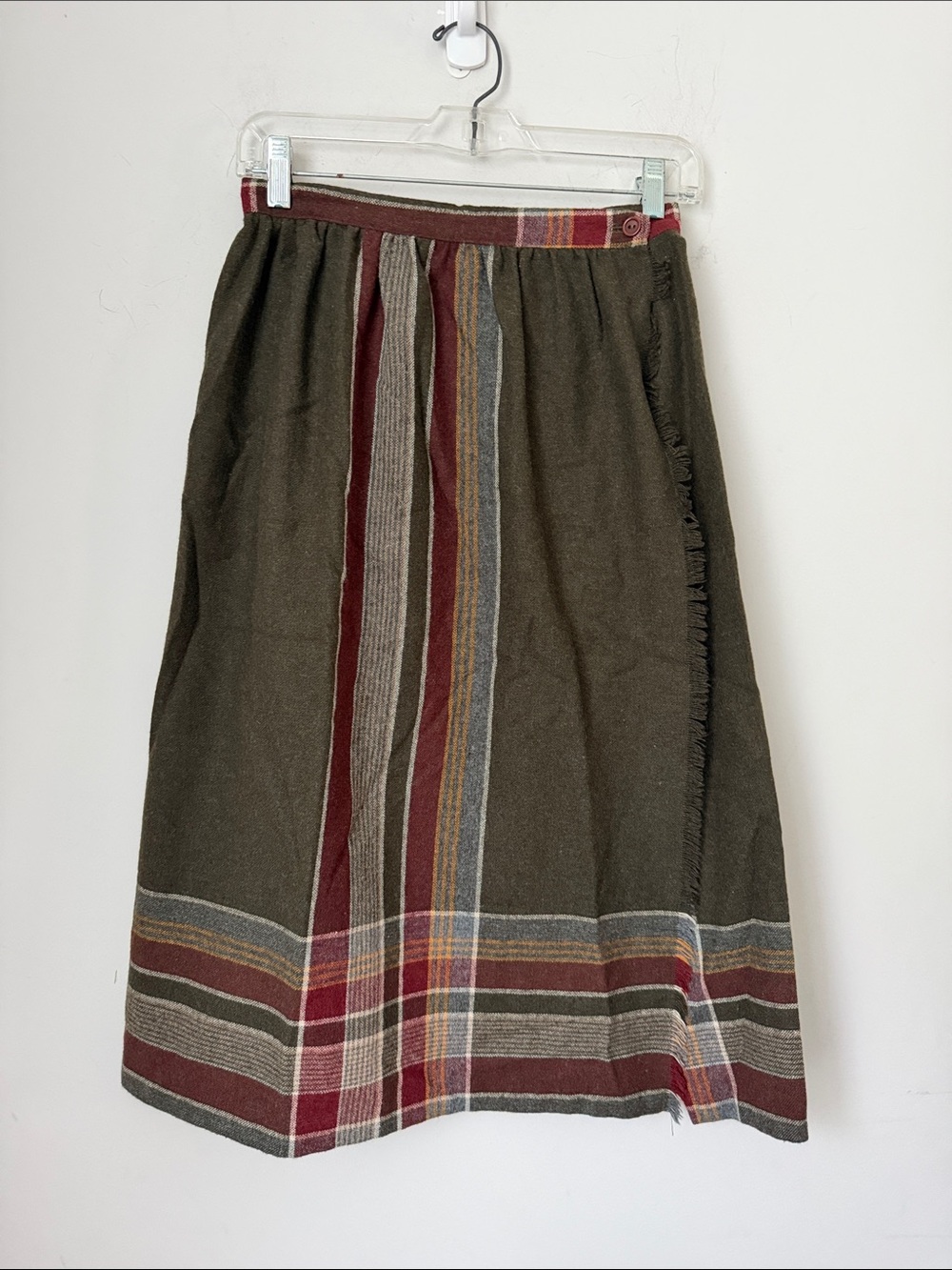 Vintage 70s/80s Claude Plaid Fringe Midi Skirt XS 🔴